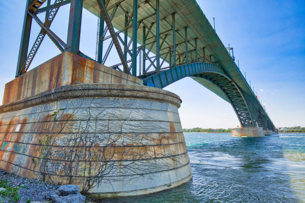 エリー湖の東端にあるカナダと米国の間の国際平和橋 - niagara river ストックフォトと画像