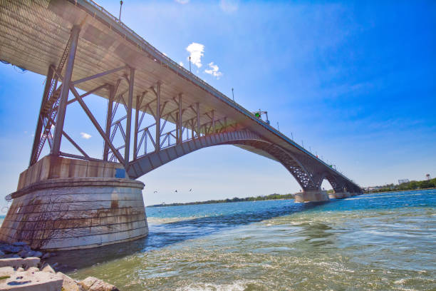 エリー湖の東端にあるカナダと米国の間の国際平和橋 - niagara river ストックフォトと画像