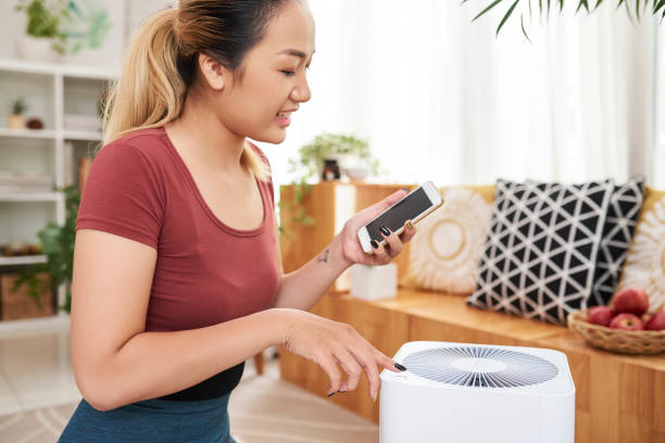 istock Woman using air conditioner at home 1164821403