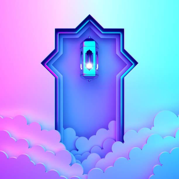 istock Arabic window paper cut, hanging lamp, cloud on blue pink violet gradient background. 1164823285