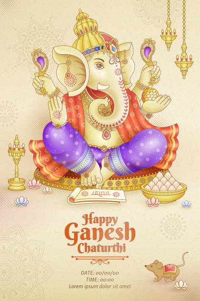 Happy Ganesh Chaturthi design Happy Ganesh Chaturthi poster design with god Ganesha holding ritual implement Ganesh Chaturthi stock illustrations
