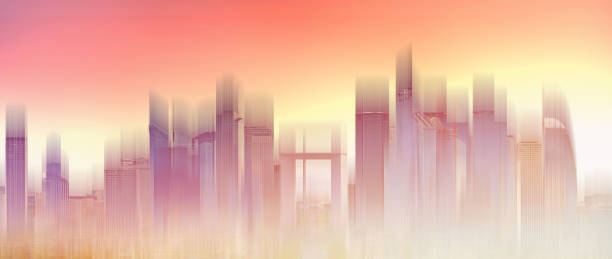 istock Skyscraper building city skyline, glowing sunset light. Abstract city background 1164828333