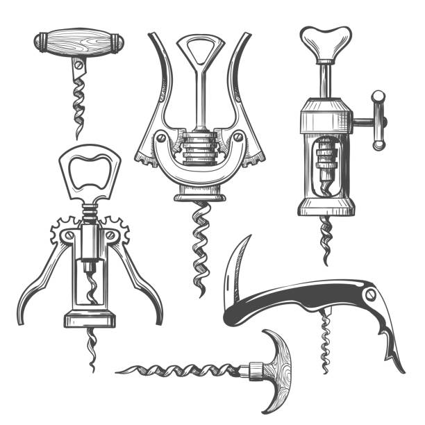 ilustrações, clipart, desenhos animados e ícones de ícones do esboço do corkscrew ajustados - bottle opener