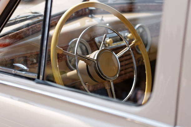 istock Old cabin, console and steering wheel in a vintage retro car 1164831068