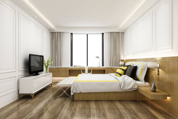 istock 3d rendering vintage minimal bedroom suite in hotel with tv 1164831090