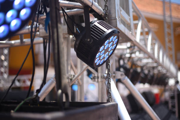 istock Close up of stage lights on metal frame. 1164834034