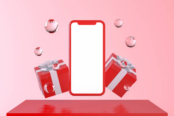 smartphone com esferas e giftbox do vôo, conceito do natal - red telephone box - fotografias e filmes do acervo
