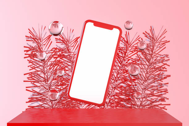 istock Smartphone with Flying Spheres and Christmas Tree Leaves, Christmas Concept 1164836106