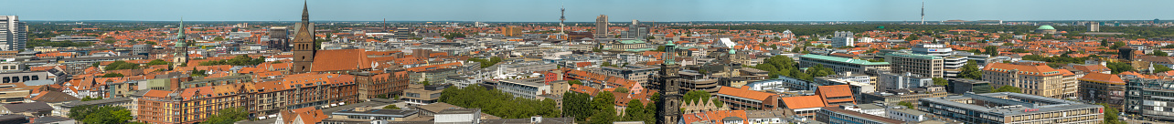 Hanover, Germany, July 23., 2019: High resolution Panorama of the city centre of Hannover taken from above