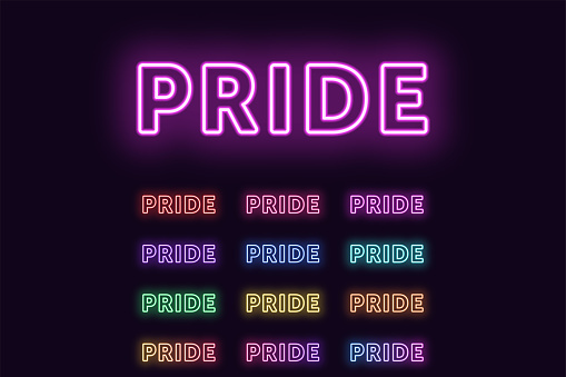 Neon text Pride, expressive Title. Set of glowing word Pride in Neon outline style with transparent backlight. Vector kit, red pink purple violet blue azure green yellow orange color