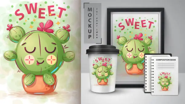 Vector illustration of Princess cactus - mockup for your idea