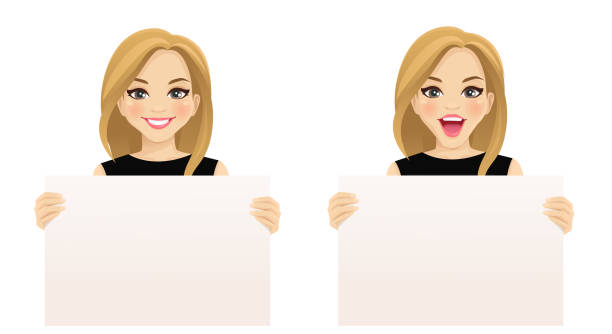 Woman witn board Beautiful smiling excited woman holding empty blank board isolated vector illustration blonde hair stock illustrations