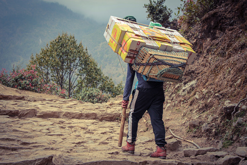 Sherpa porter carries boxes with food, drinks and other stuff on the Lukla - Everest Base Camp Trekking Route. Work, business, people, travel and tourism concept.