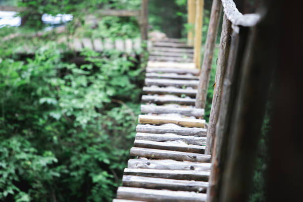 small wooden bridge cross mountain river. copy space