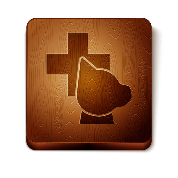 istock Brown Veterinary clinic symbol icon isolated on white background. Cross with dog veterinary care. Pet First Aid sign. Wooden square button. Vector Illustration 1164844887