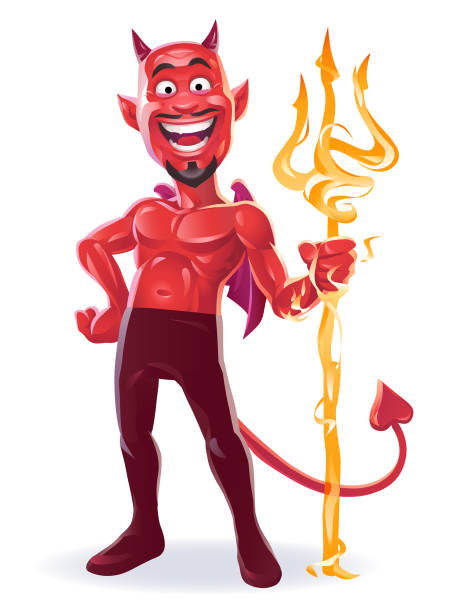 illustrazioni stock, clip art, cartoni animati e icone di tendenza di diavolo con tridente fiammeggiante - trident devil horned demon