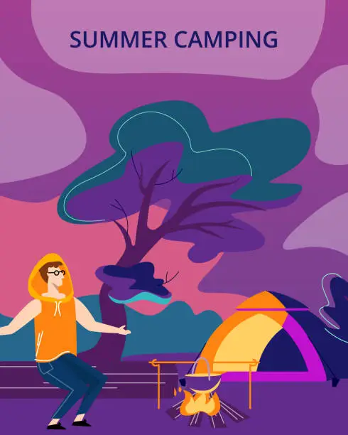 Vector illustration of Man Spending Time in Camping near Burning Campfire