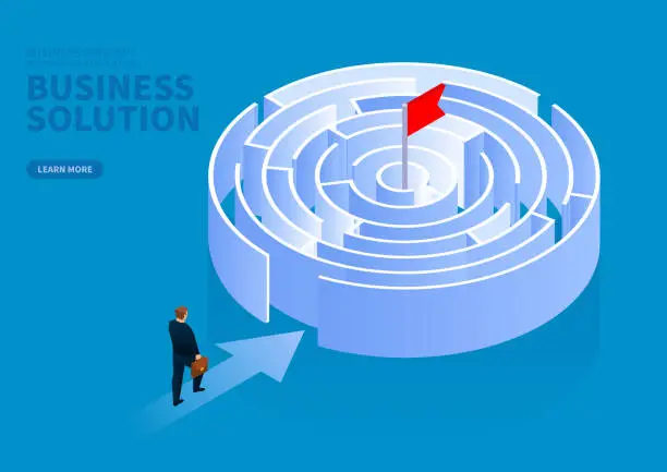 Vector illustration of Businessman looking for ways to reach the end point, solving the concept of business problems