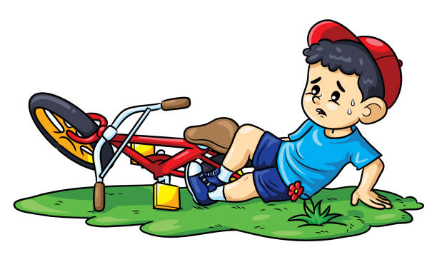 ilustrações de stock, clip art, desenhos animados e ícones de boy falls off a bicycle - child bicycle cycling danger