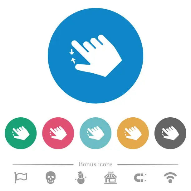 Vector illustration of Right handed pinch close gesture flat round icons