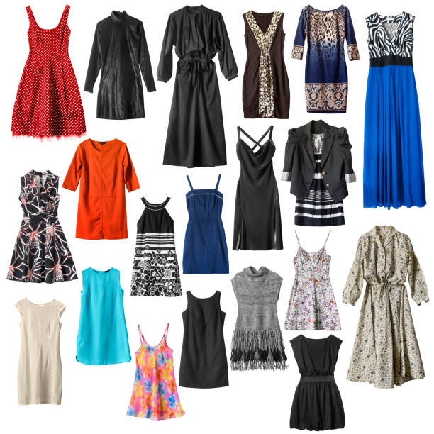 Set of elegant colorful dresses on white background