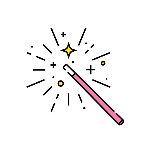 Magic wand line icon Magic wand line icon. Pink magician stick symbol. Vector illustration. magician illustrations stock illustrations