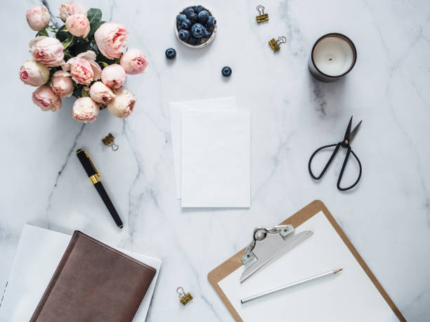 istock Flat lay with blank greeting card, wedding mock up 1164851934