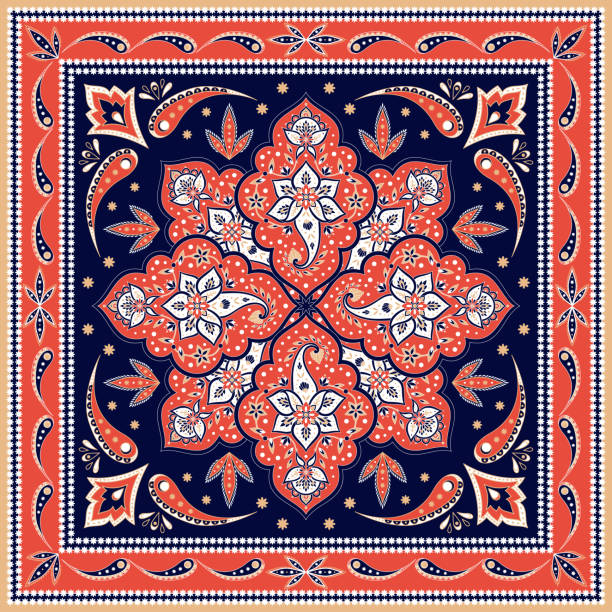 Indian paisley pattern vector. Mandala medallion motif for silk scarf fabric print. Floral vintage ethnic ornament. Damask design for muslim woman shawls, batik, rug, pillow, bandana, carpet texture. Indian paisley pattern vector. Mandala medallion motif for silk scarf fabric print. Floral vintage ethnic ornament. Damask design for muslim woman shawls, batik, rug, pillow, bandana, carpet texture. silk scarf stock illustrations
