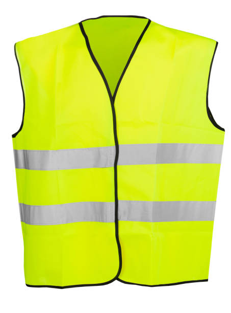 gelbe sicherheitsweste mit hoher sichtbarkeit isoliert auf weißem hintergrund - leuchtbekleidung stock-fotos und bilder