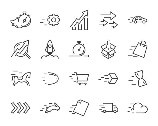 zestaw ikon prędkości, takich jak szybkie, wysyłanie, przyspieszanie, - linear accelerator stock illustrations