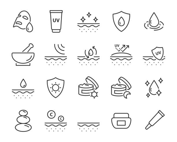 set of skin icons, such as facial, alovera, gel, moisture set of skin icons, such as facial, alovera, gel, moisture skin stock illustrations