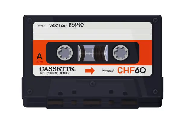 Vector illustration of Isolated classic audio cassette. Vector multi colored illustration on light background. Original vintage object.