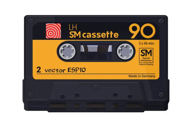 Vector illustration of Isolated classic audio cassette. Vector multi colored illustration on light background. Original vintage object.