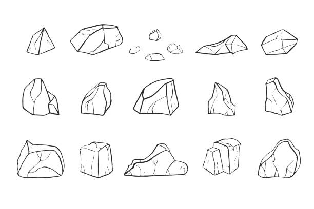 Contour drawing stone set. Contour drawing stone set. Vector illustration. Different rock blocks. boulder rock stock illustrations