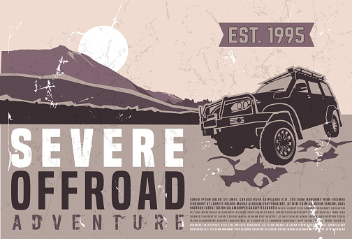 Motorsport event poster. Extreme off-road severe adventure. Grunge vintage style. Horizontal vector illustration in beige, violet and brown colors useful for advert, print, flayer design.