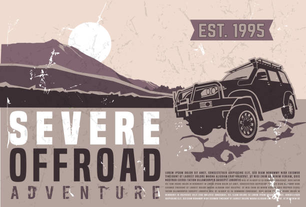 Motorsport event poster Motorsport event poster. Extreme off-road severe adventure. Grunge vintage style. Horizontal vector illustration in beige, violet and brown colors useful for advert, print, flayer design. extreme sports stock illustrations