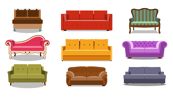 Sofa and couches colorful cartoon illustration vector set. Collection of comfortable lounge for interior design isolated on white background. Different models of settee icons.