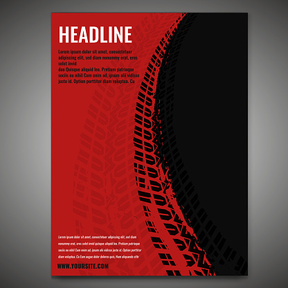 Vector automotive banner template. Grunge tire tracks background for landscape poster, digital banner, flyer, booklet, brochure and web design. Editable graphic image in grey and red colors