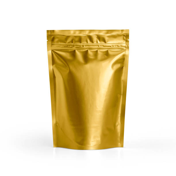 Blank Gold Foil plastic pouch coffee bag isolated on white background. Packaging template mockup collection. With clipping Path included. Aluminium coffee package. sack photos stock pictures, royalty-free photos & images