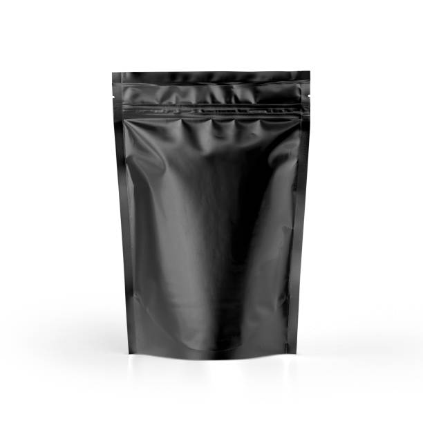 blank black plastic pouch coffee bag isolated on white background. - close up shiny merchandise rough imagens e fotografias de stock