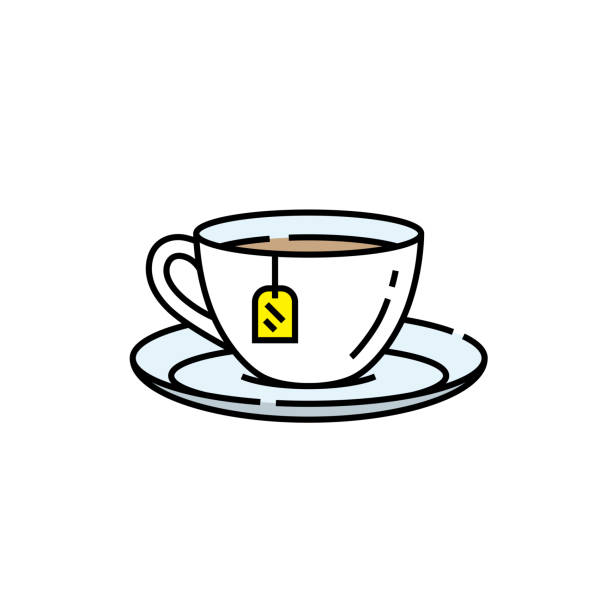 Teacup line icon Teacup line icon. Porcelain Tea cup saucer symbol with yellow label sign. Vector illustration. tea cup and saucer stock illustrations