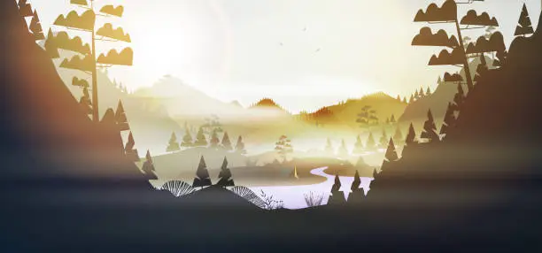 Vector illustration of Lakeside forest in the foggy mountains at sunrise