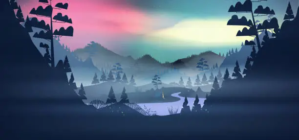 Vector illustration of Lakeside forest in the mountains at night with aurora and fog