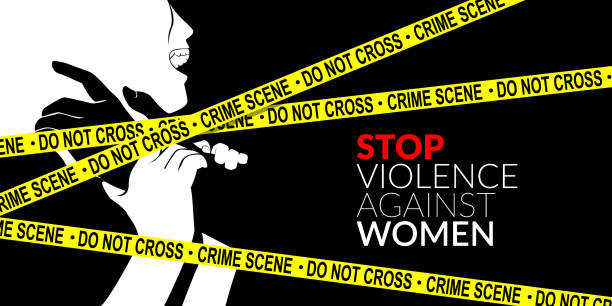 男は黄色の犯罪現場のテープで女性を強制するために力を使用しています。女性運動に対する家庭内暴力を止める - molest点のイラスト素材／クリップアート素材／マンガ素材／アイコン素材