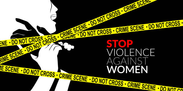 ilustrações de stock, clip art, desenhos animados e ícones de man are using force to coerce woman with yellow crime scene tape. stop domestic violence against women campaign. - violence domestic violence victim women