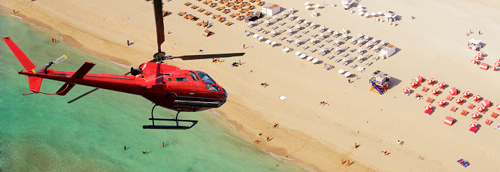 Helicopter flying over Miami Beach, Florida, USA.