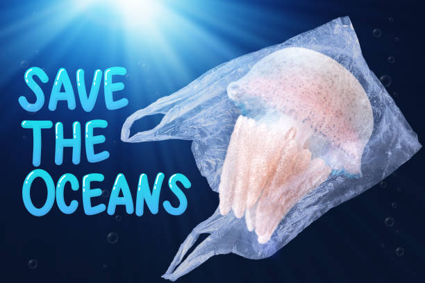 istock plastic pollution in ocean environmental problem concept.  jellyfish swim inside plastic bag floating in the ocean with text save the oceans 1164874838