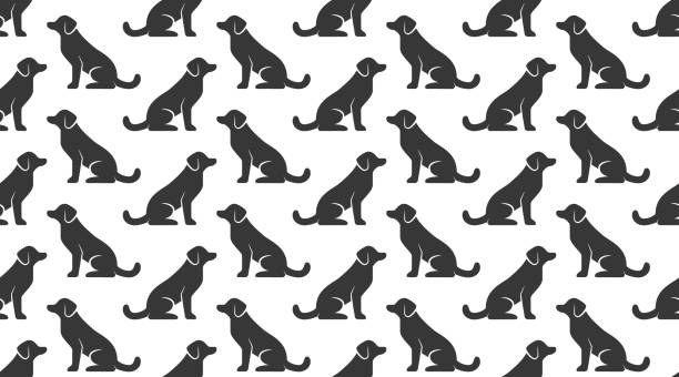 Dogs vector seamless pattern with flat icons. Black sitting puppy silhouette on white color background, animal wallpaper for veterinary clinic, pet shop Dogs vector seamless pattern with flat icons. Black sitting puppy silhouette on white color background, animal wallpaper for veterinary clinic, pet shop. dog sitting icon stock illustrations