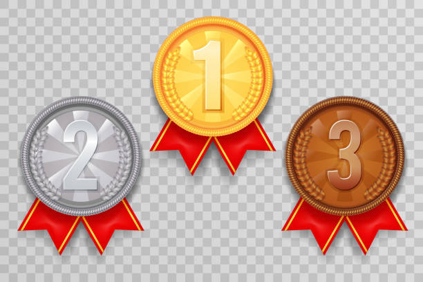 Shiny gold silver bronze winner leader award ceremony champion thirst second third place medal ribbon trophy icons set vector illustration Shiny gold bronze silver winner leader award ceremony champion thirst second third place medal ribbon trophy icons set vector illustration Third Place stock illustrations
