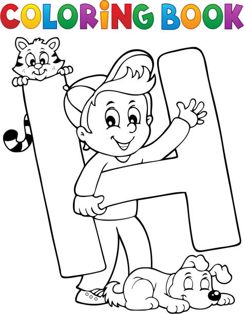 раскраска мальчик и домашние животные по букве h - letter h alphabet education learning stock illustrations